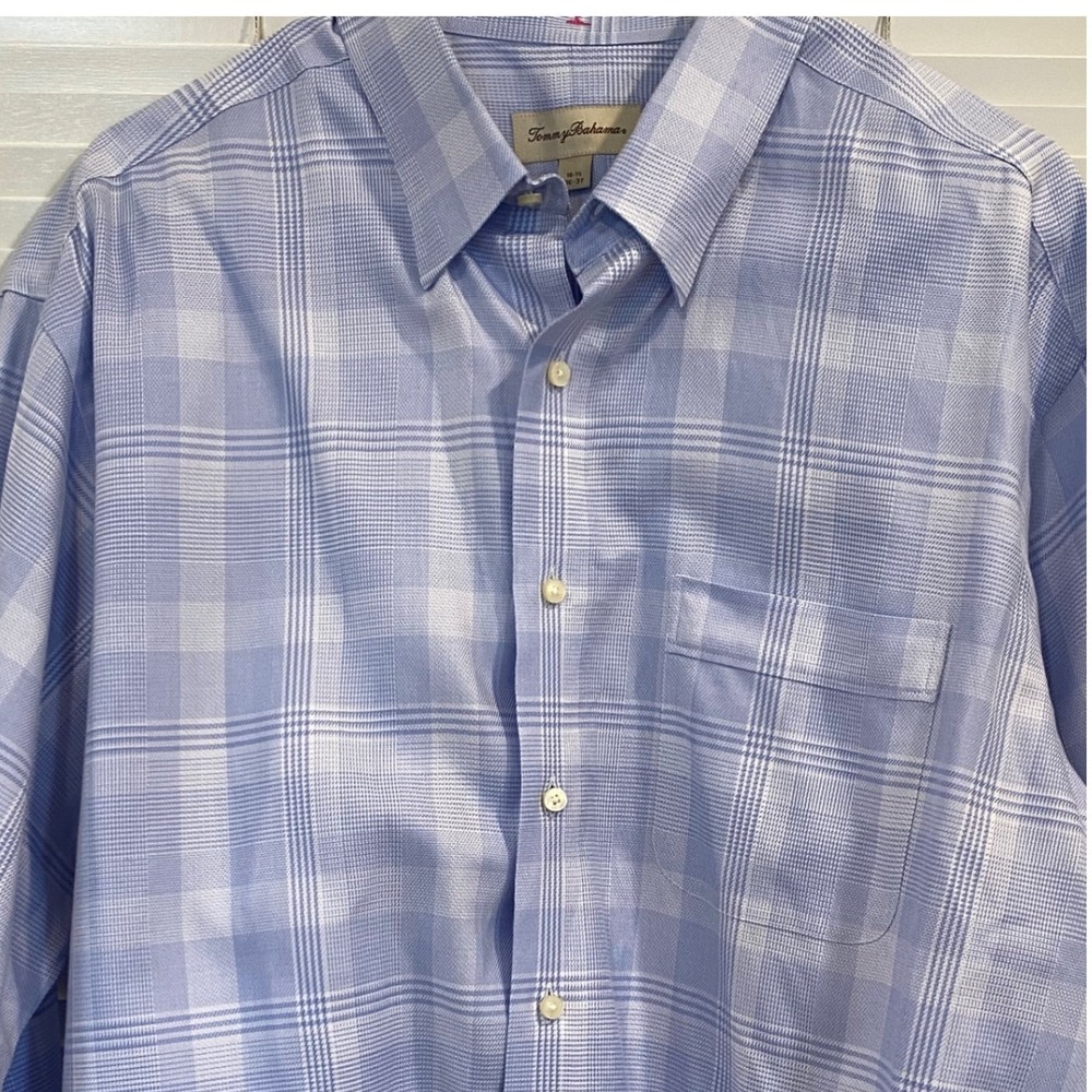 Tommy Bahama Mens‎ Blue White Plaid Cotton Button Down Shirt 16.5 Long Sleeve